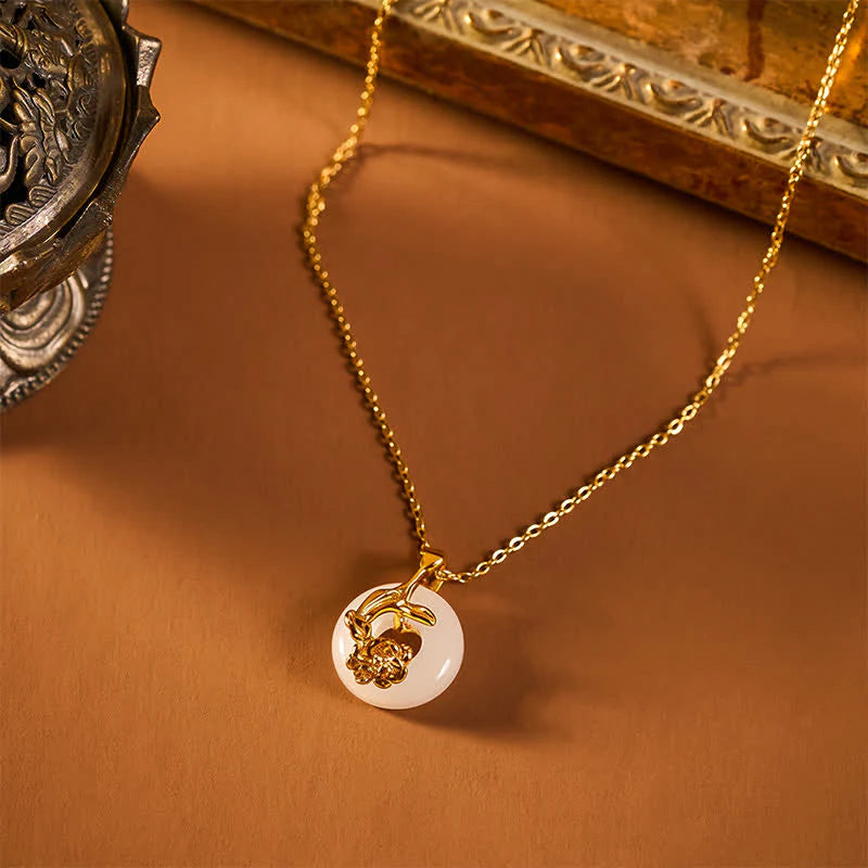 Buddha Stones 925 Sterling Silver Peony Peace Buckle Hetian White Jade Blessing Necklace Pendant