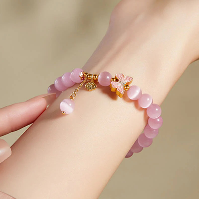 Buddha Stones 925 Sterling Silver Cat's Eye Hetian Jade Butterfly Peace Lock Charm Peace Bracelet
