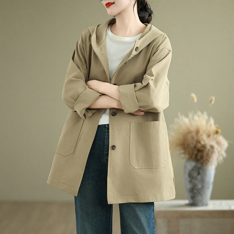 Buddha Stones Fall Vintage Hoodie Women's Cotton Linen Jacket With Front Pockets