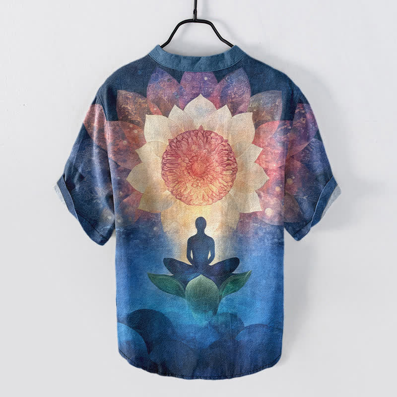 Buddha Stones Cotton Lotus Meditating Figure Pattern Men's Short Sleeve Half Button Shirt