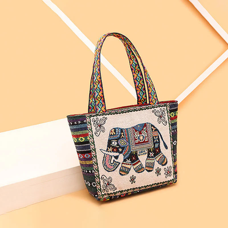 Buddha Stones Elephant Butterfly Embroidered Large Capacity Canvas Tote Bag Shoulder Bag