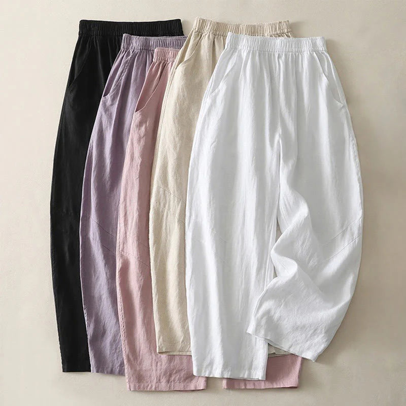 Buddha Stones Summer Daily Solid Color Elastic Waistband Design Women's Wide Leg Cotton Linen Pants With Pockets