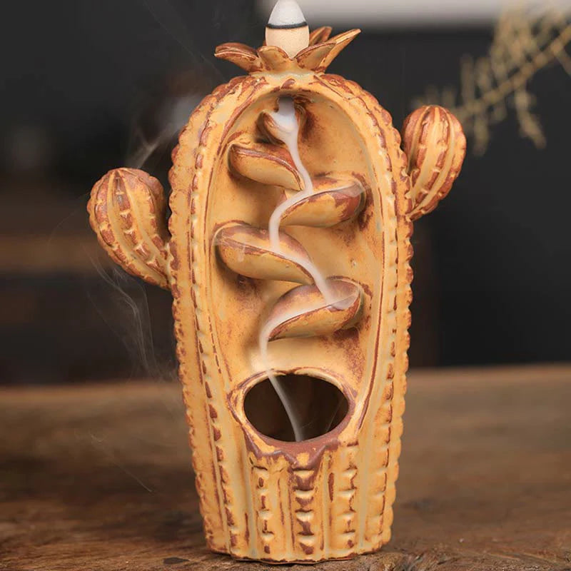 Buddha Stones Cactus Ceramic Healing Backflow Smoke Fountain Incense Burner