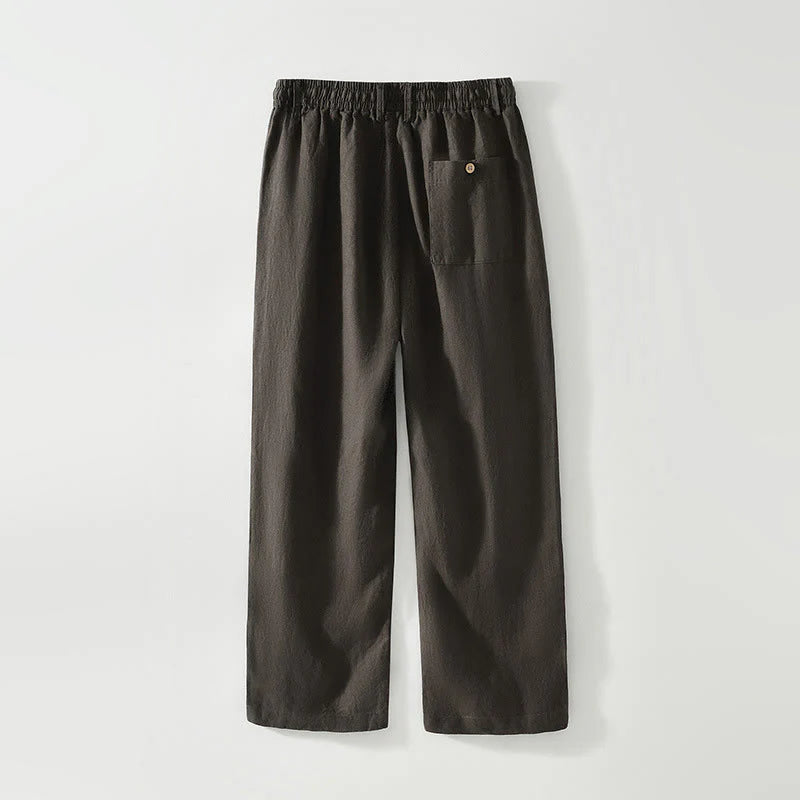 Buddha Stones Fall Solid Drawstring Elastic Waist Men's Linen Straight Leg Pants With Pockets