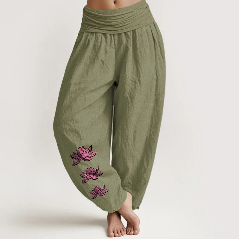 Buddha Stones Casual Lotus Pattern Pure Cotton Women's Elastic Waist Harem Pants