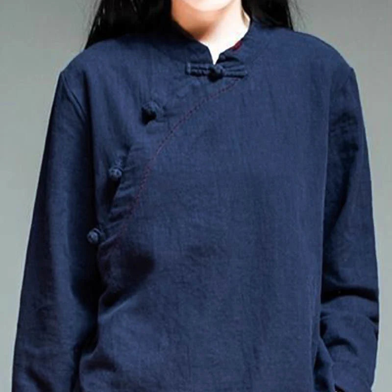Buddha Stones Oblique Collar Knot button Loose Linen Clothing