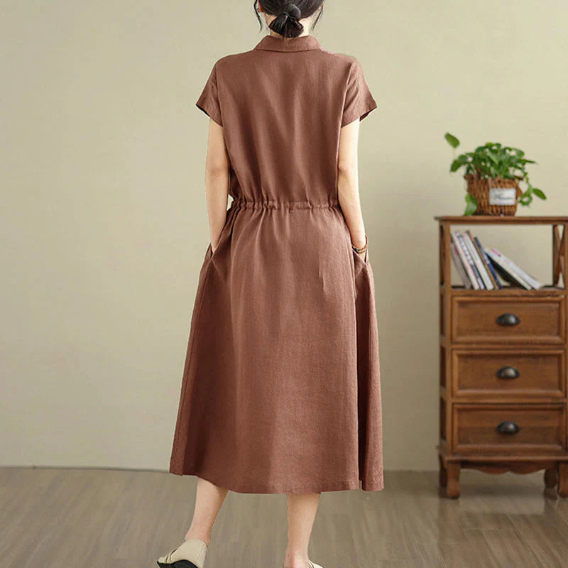Buddha Stones Summer Plain Short Sleeve Drawstring Cotton Linen Midi Dress With Pockets
