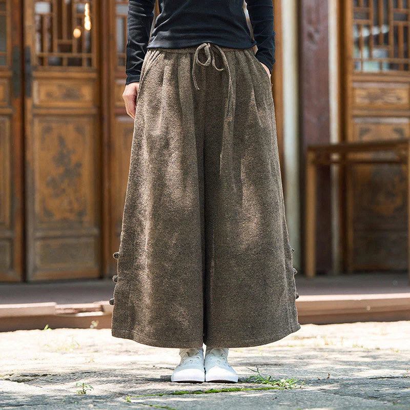 Buddha Stones Winter Chinese Frog-Button Design Corduroy Thermal Men's Wide Leg Pants With Pockets