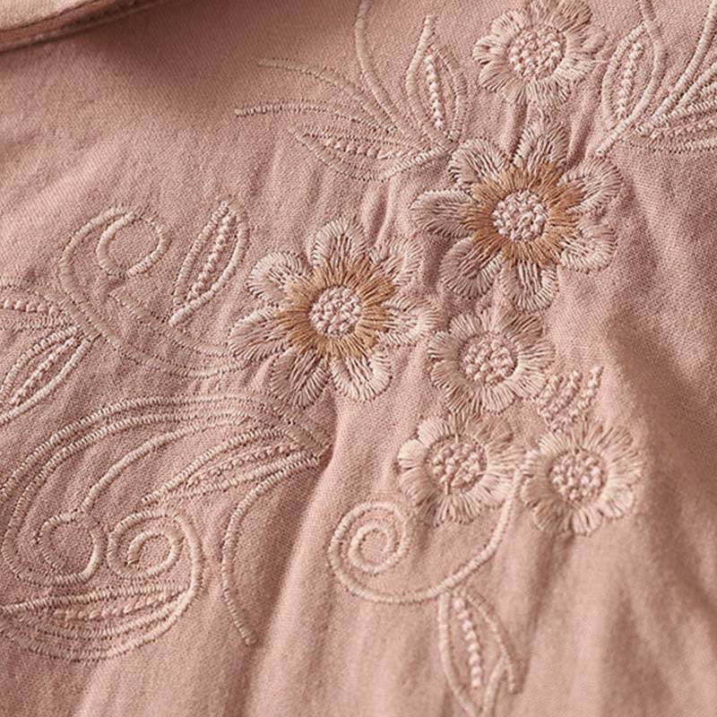 Buddha Stones Embroidered Flower Vine Pattern Long Sleeve Women's Lapel Shirt