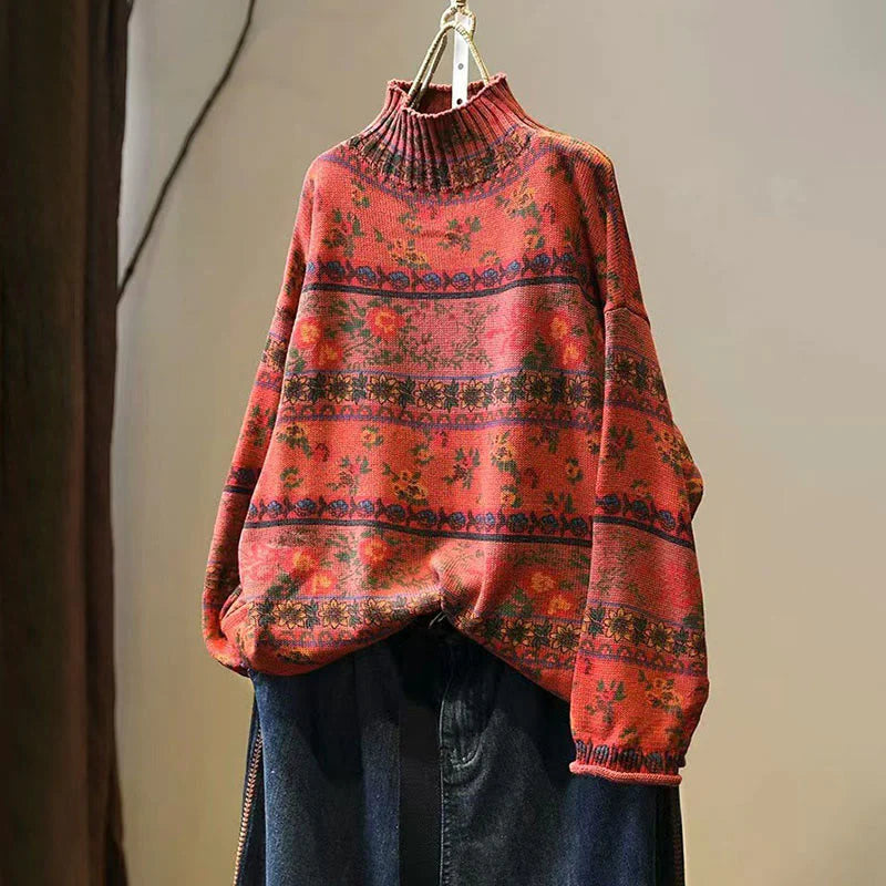 Buddha Stones Winter Color-block Flower Pattern Mock Neck Long Sleeve Women's Cotton Sweater