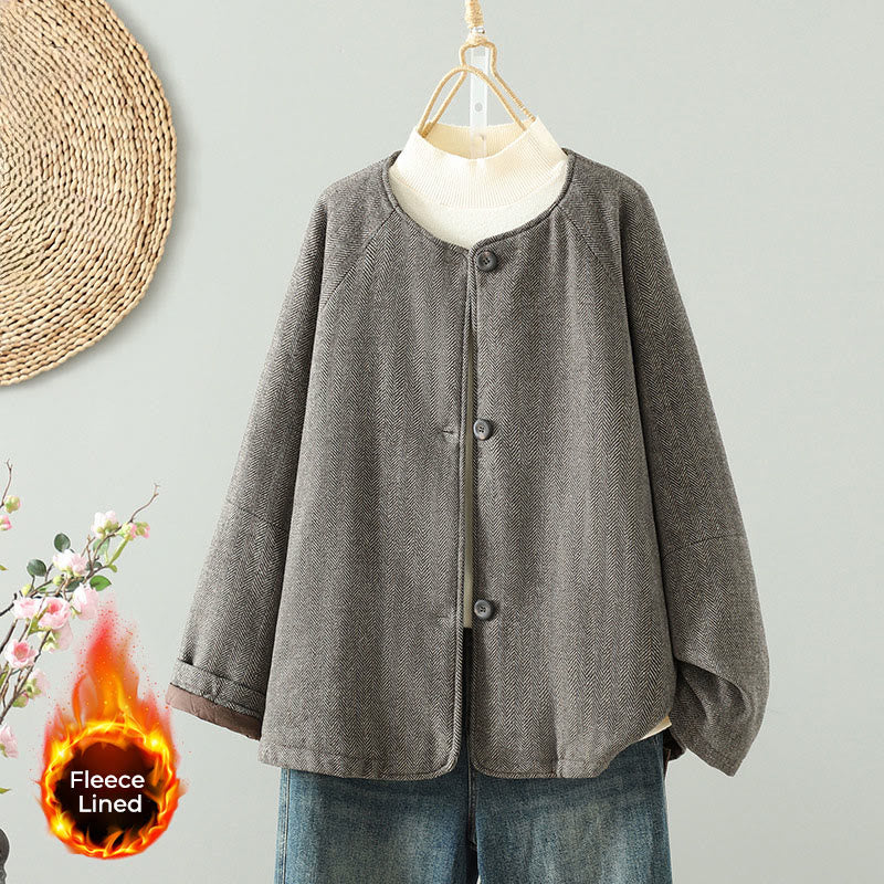 Buddha Stones Women's Brown Buttons Design Long Sleeve Thermal Jacket With Pockets