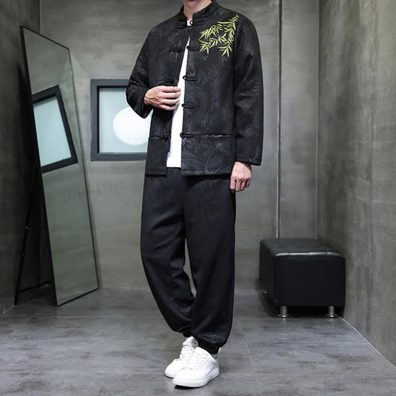 Buddha Stones 2Pcs Spring Dragon Bamboo Clouds Men's Tang Suit Frog-Button Cotton Long Sleeve Jacket Pants Set With Pockets