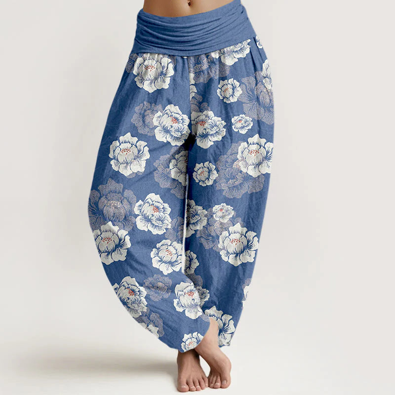 Buddha Stones Cotton Elegant White Flowers Pattern Women's Elastic Waist Harem Pants