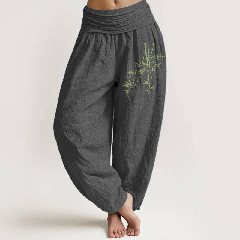 Buddha Stones Bamboo Stems Leaves Pattern Women's Elastic Waist Harem Cotton Pants