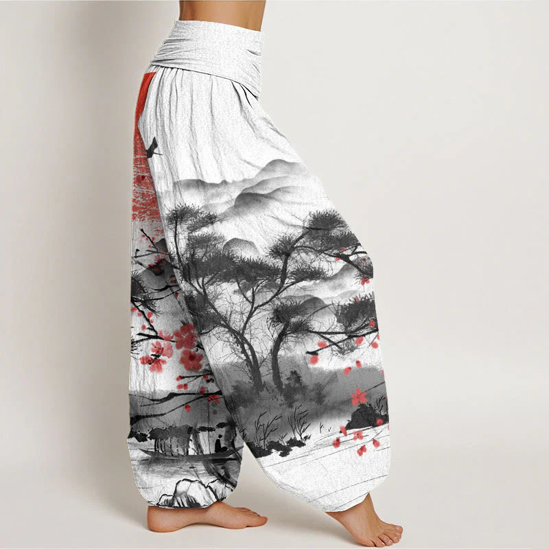 Buddha Stones Cotton Casual Red Plum Blossom Mountains Sun Pattern Women's Elastic Waist Harem Pants