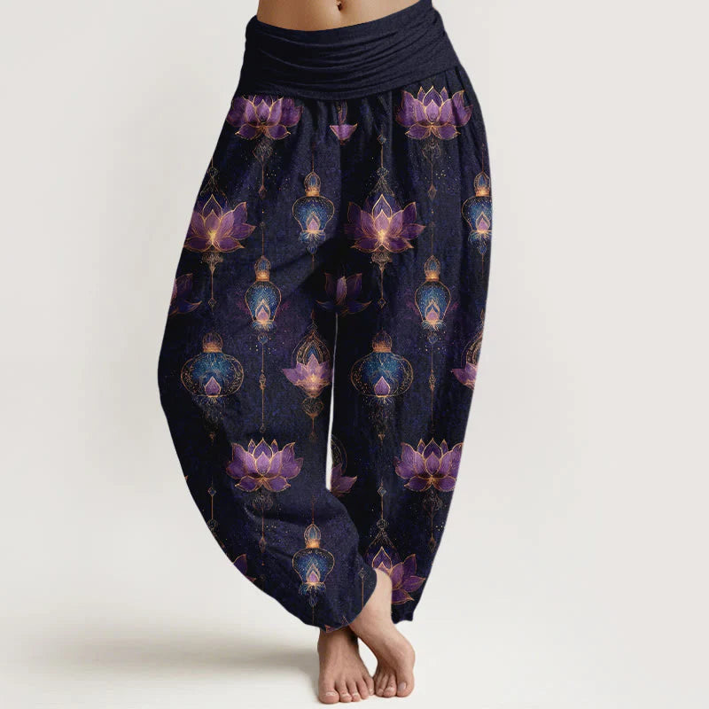 Buddha Stones Cotton Gorgeous Lotus Lantern Pattern Women's Elastic Waist Harem Pants