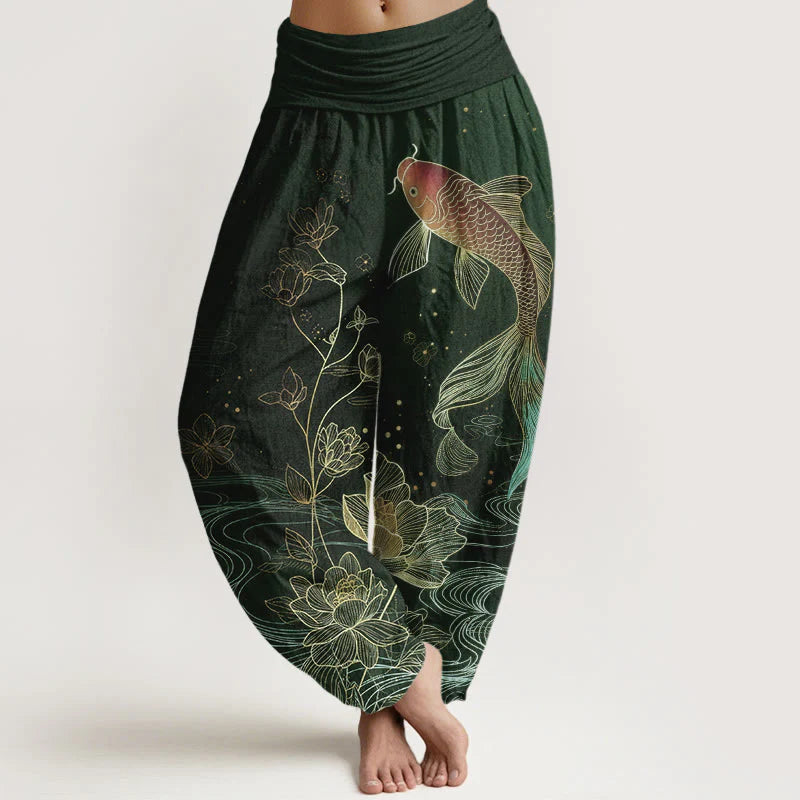Buddha Stones Lotus Koi Fish Pattern Women's Elastic Waist Pure Cotton Harem Pants