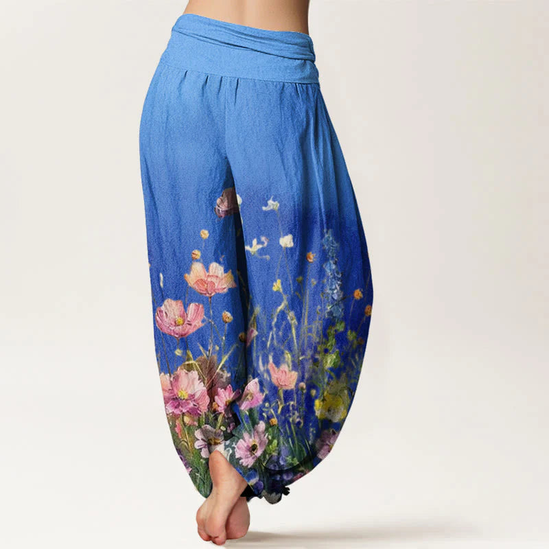 Buddha Stones Cotton Casual Watercolor Style Floral Pattern Women's Elastic Waist Harem Pants