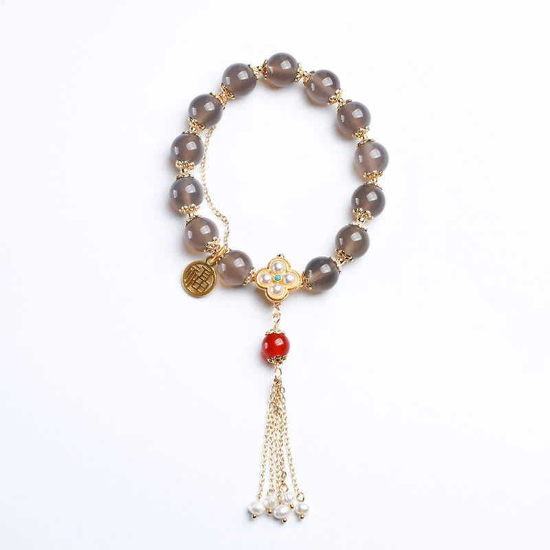 Buddha Stones Natural Gray Agate Fu Character Pearl Tassel Balance Bracelet