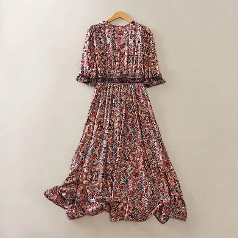 Buddha Stones Summer Peacock Paisley Tie Waist Viscose Lantern Sleeves Maxi Dress