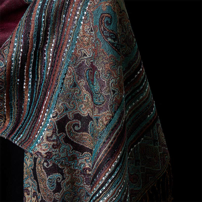 Buddha Stones Spring Cashew Flower Stripe Geometric Pattern Tassel Soft Scarf Shawl