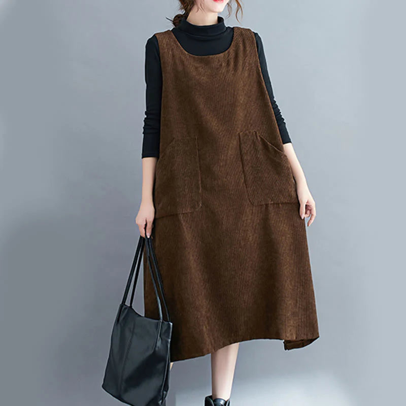 Buddha Stones Commute Crew Neck Women's Sleeveless Cotton Corduroy Midi Dress With Pockets