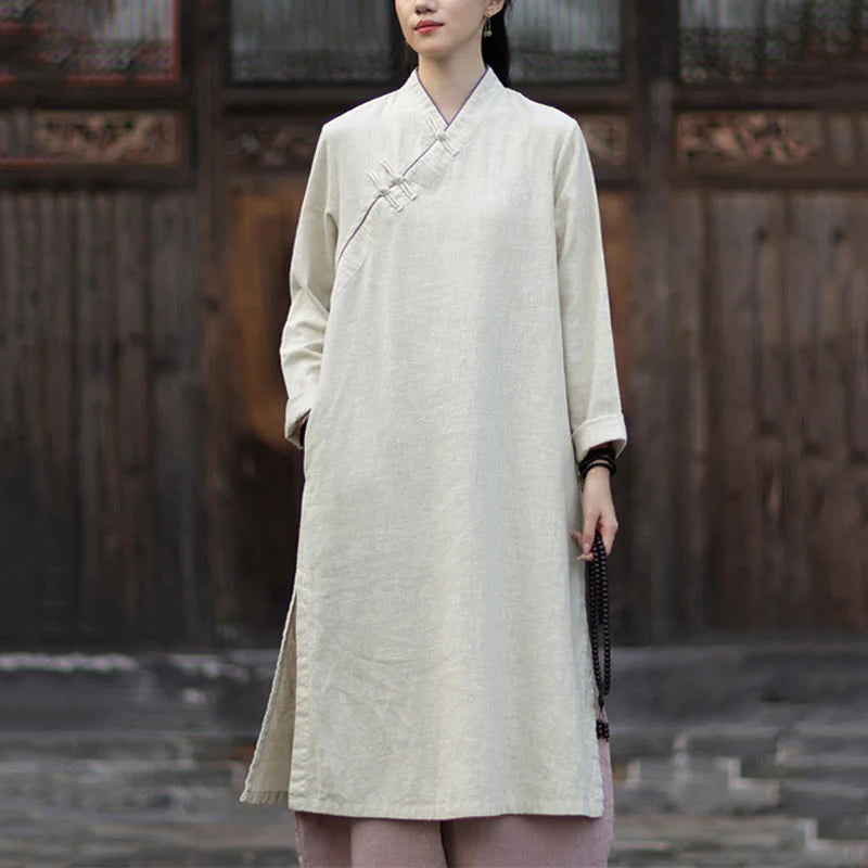 Buddha Stones Solid Frog-Button Long Sleeve Ramie Linen Midi Dress Cheongsam With Pockets