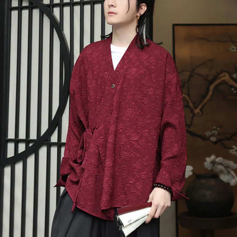 Buddha Stones Spring V-Neck Floral Men's Lace-up Design Long Sleeve Shirt