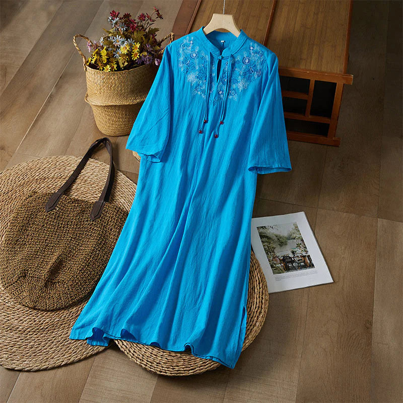Buddha Stones Vintage Embroidery Frog-button Half Sleeve High Waist Cotton Linen Women's Midi Dress
