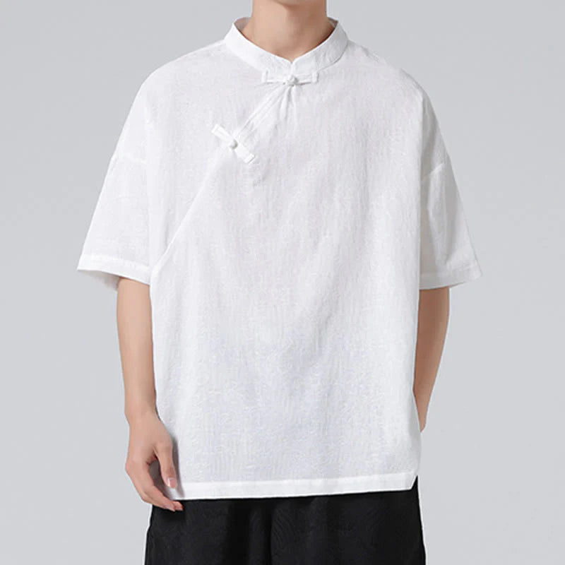 Buddha Stones Retro Pure Color Frog-Button Design Jacquard Flower Pattern Men's Short Sleeve Cotton Linen Shirt