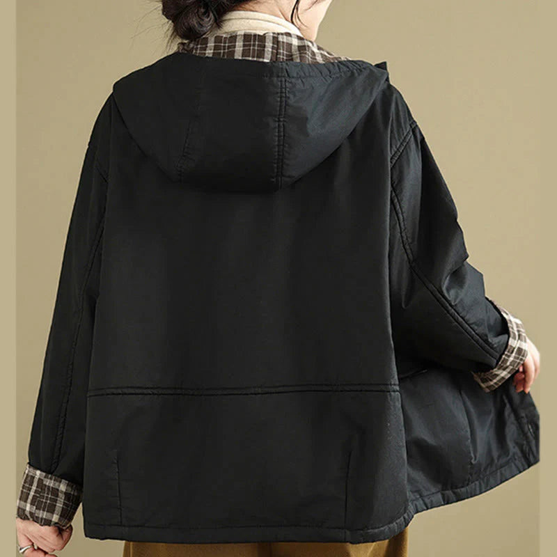 Buddha Stones Plaid Hoodie Pattern Women's Long Sleeve Cotton Thickened Jacket With Pockets