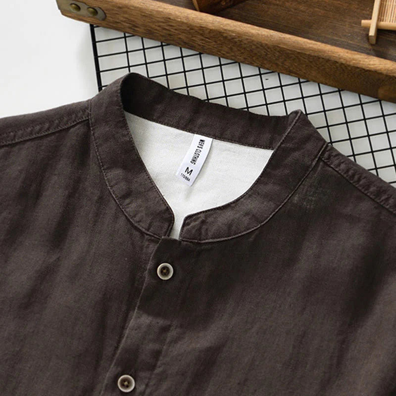 Buddha Stones Fall Solid Color Buttons Down Stand Collar Three Quarter Sleeve Linen Men's Shirt With Pockets