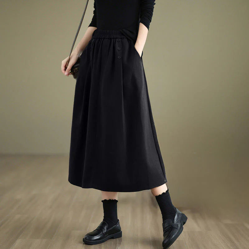Buddha Stones Women's Winter Pure Color Cotton 7-8 Length Elastic Waistband Skirt With Pockets
