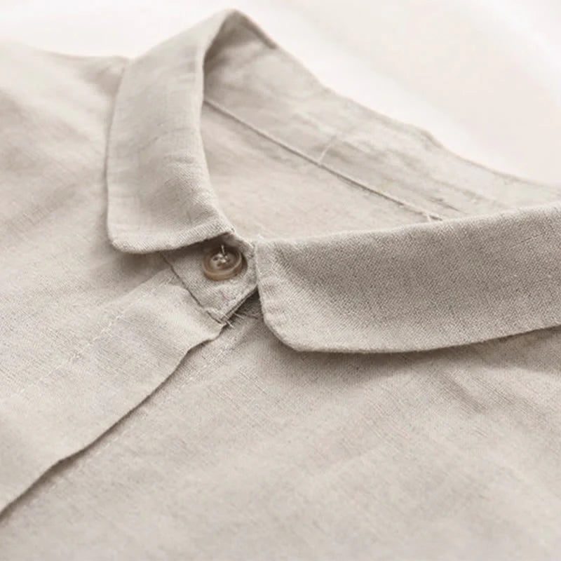 Buddha Stones Fall Beige Floral Grass Embroidery Buttons Women's Cotton Long Sleeve Shirt