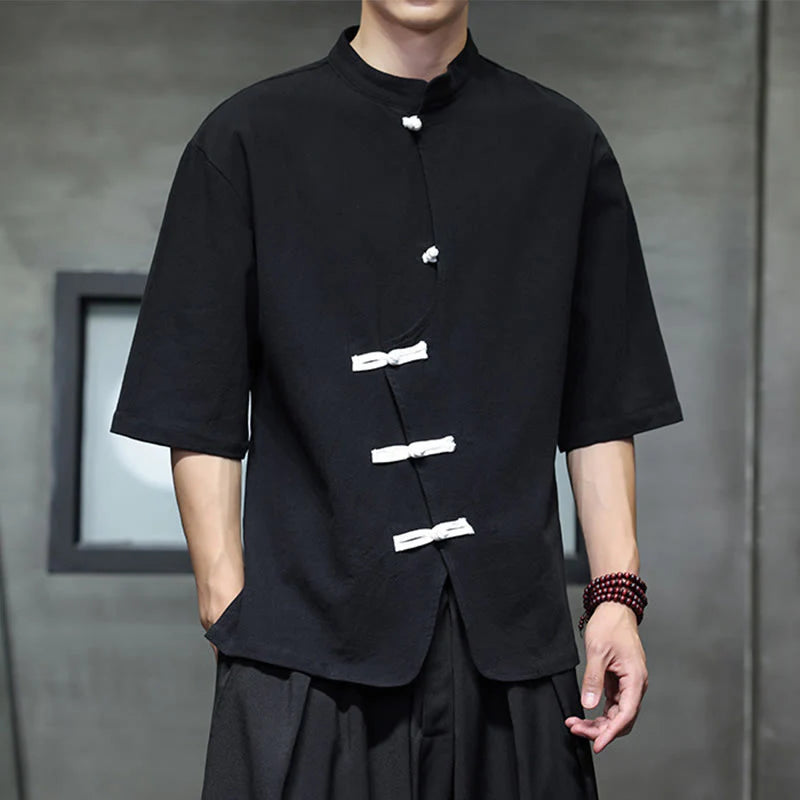 Buddha Stones Plain Chinese Frog-Button Stand Collar Cotton Linen Men's Half Sleeve Shirt