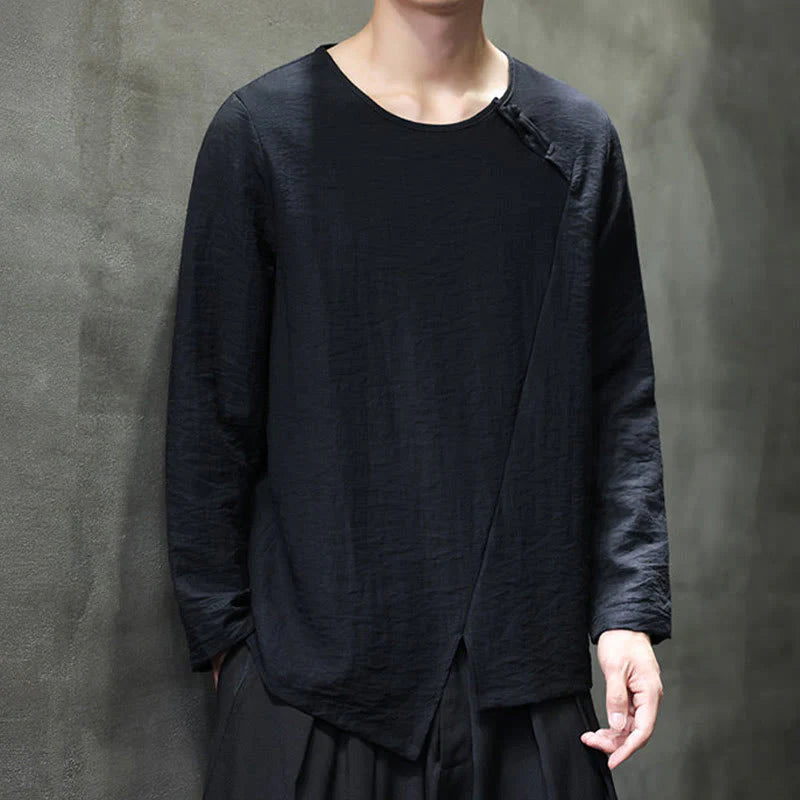 Buddha Stones Solid Color Loose Long Sleeve Round Neck Men's Shirts