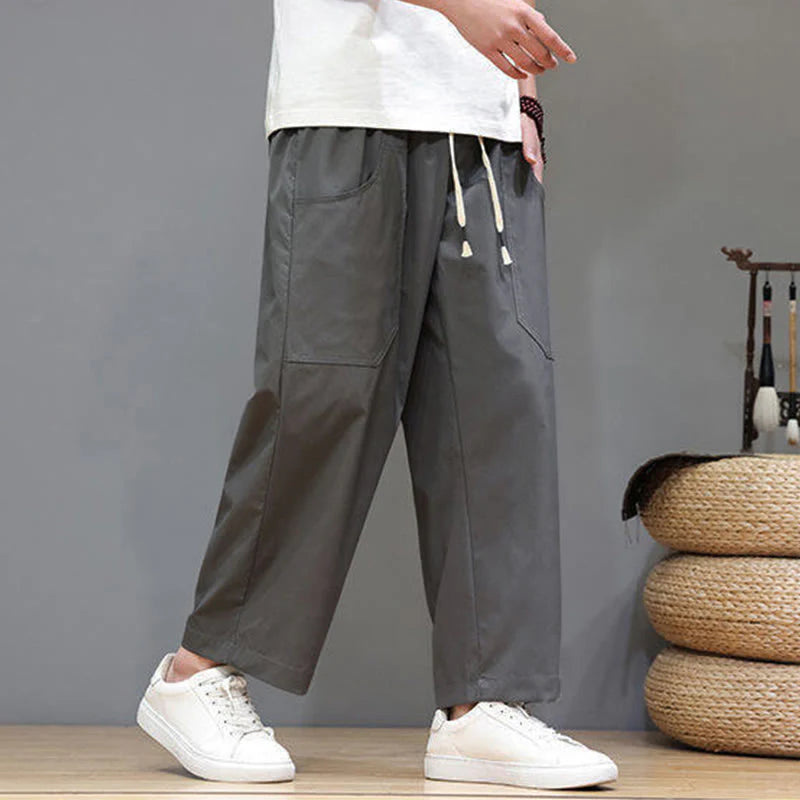 Buddha Stones Summer Solid Color Drawstring Straight Leg 7-8 Length Men's Pants With Pockets