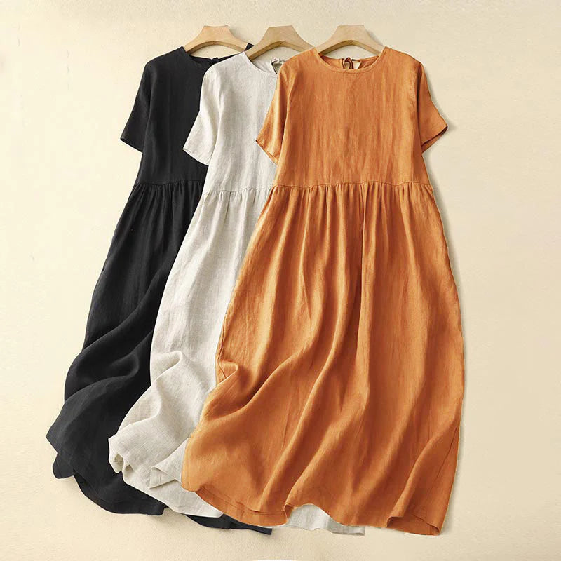 Buddha Stones Casual Short Sleeve Bowknot Tie Straps Women's Midi Dress With Pockets