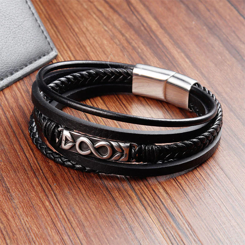Buddha Stones Titanium Steel Balance Multi-Layered Leather Figure-Eight Bracelet