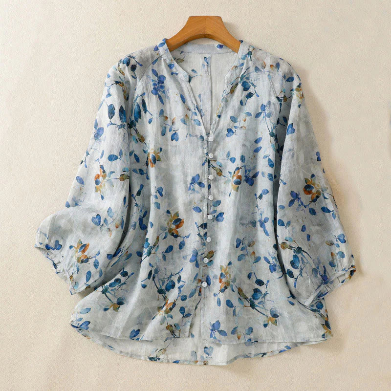 Buddha Stones Blue Floral V-Neck Three Quarter Sleeve Women's Cotton Shirt