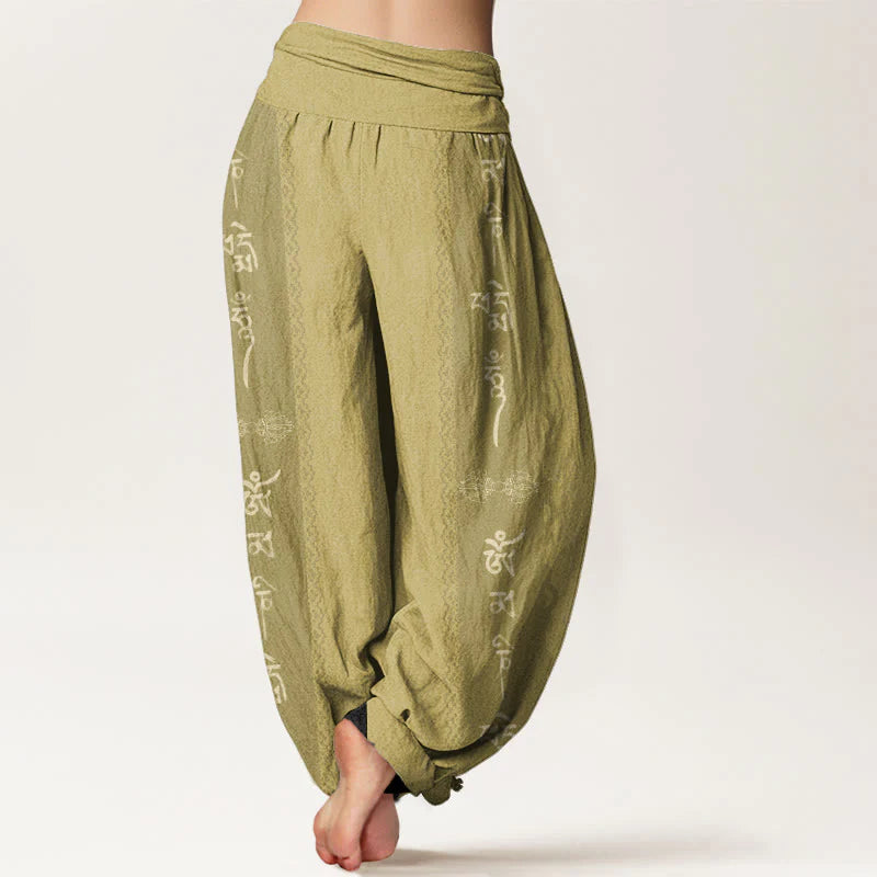Buddha Stones Cotton Om Mani Padme Hum Pattern Women's Elastic Waist Harem Pants
