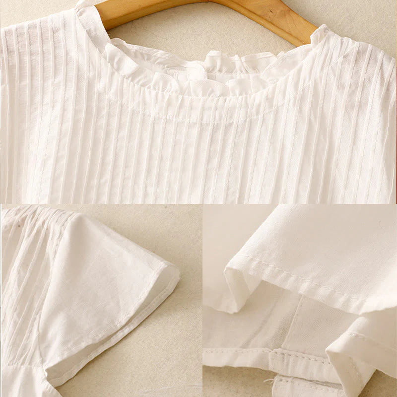 Buddha Stones Summer Pure Color Ruffled Pleated Design Women's Cotton Short Sleeve Shirt