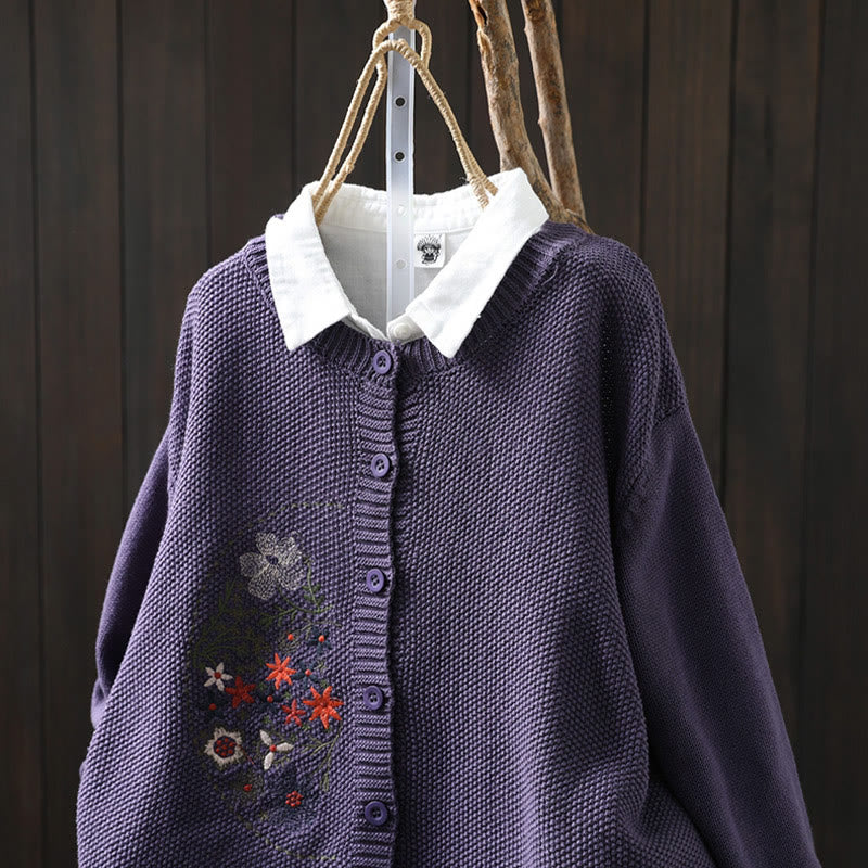 Buddha Stones Floral Embroidery Buttons Cotton Women's Long Sleeve Knitted Cardigan Sweater