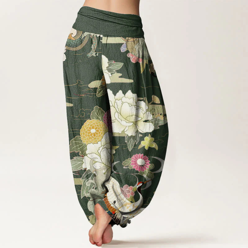 Buddha Stones Cotton Casual Dragon Red-crowned Crane Peony Flower Pattern Women's Elastic Waist Harem Pants