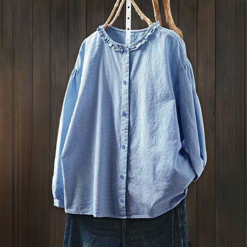 Buddha Stones Spring Small Plaid Buttons Down Long Sleeve Women's Cotton Shirt