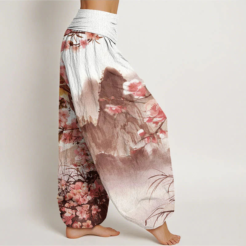 Buddha Stones Cotton Bird Cherry Blossom Mountains Pattern Women's Elastic Waist Harem Pants