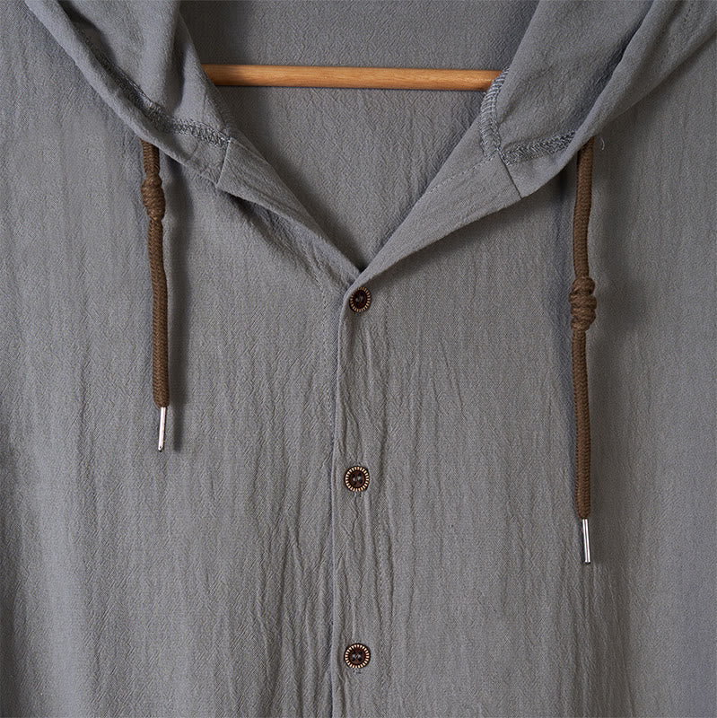 Buddha Stones Solid Color Long Sleeve Hooded Drawstring Buttons Cotton Men's Shirt