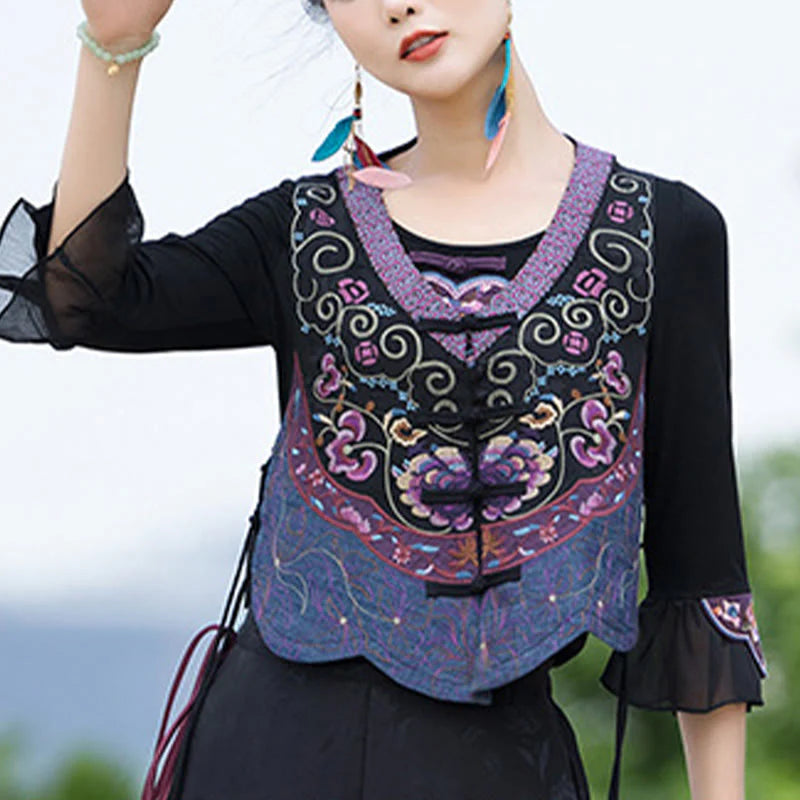 Buddha Stones Vintage Frog-Button Embroidery Purple Flower Tang Suit Design Sleeveless Vest (Extra 30% Off | USE CODE: FS30)