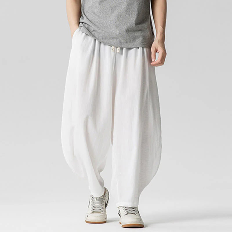 Buddha Stones Summer Pure Color Drawstring Men's Cotton Ankle-Length Pants With Pockets