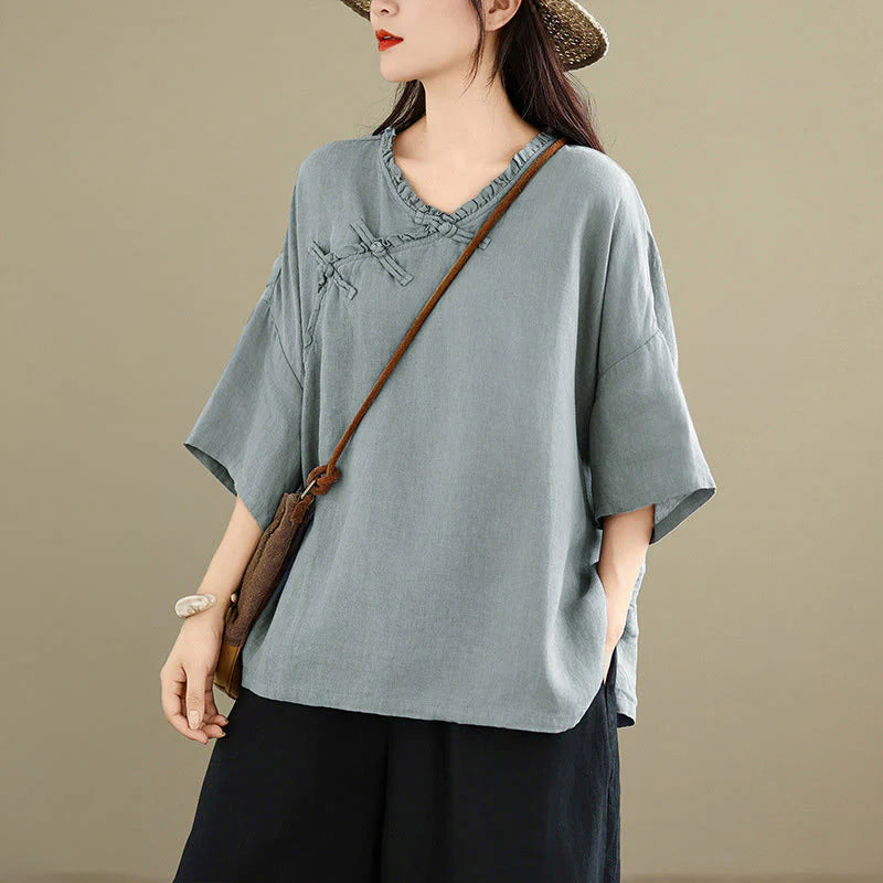 Buddha Stones Spring V-Neck Frog-Button Long Sleeve Plain Women's Cotton Shirt